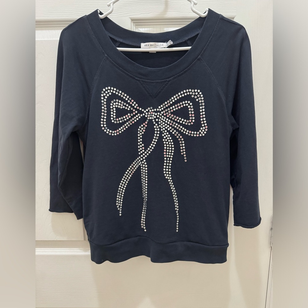 See by Chloe bedazzled bow black 3/4 length shirt Size 2